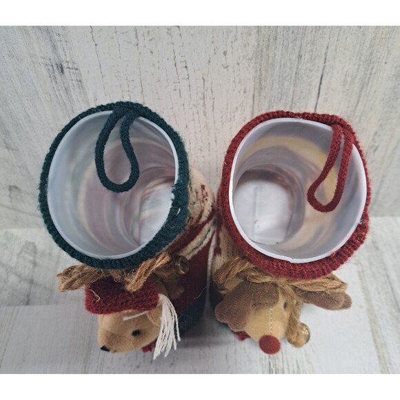 2 Knitted Christmas Boots Candy Cane Holders Stockings Plastic Inserts Deer Bear - Picture 7 of 10